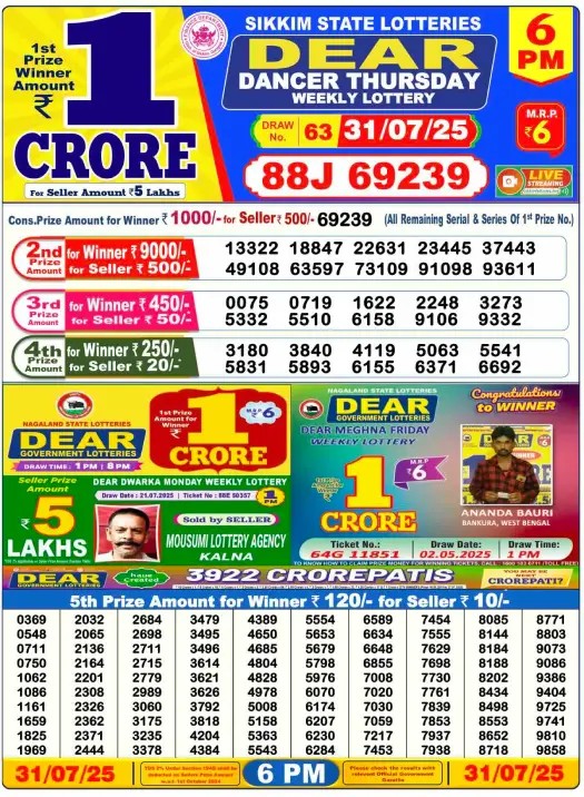 Dear Lottery Result Today 1 PM 6 PM 8 PM || dear lottery sambad 2 17539658143527875441949019008372
